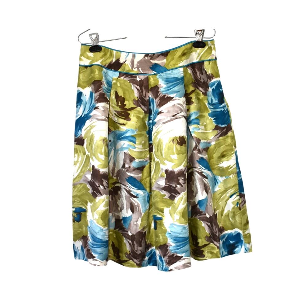 Talbots Skirt Size 8 100% Silk Floral Green Teal Pleated Fit Flare Twirl Lined
